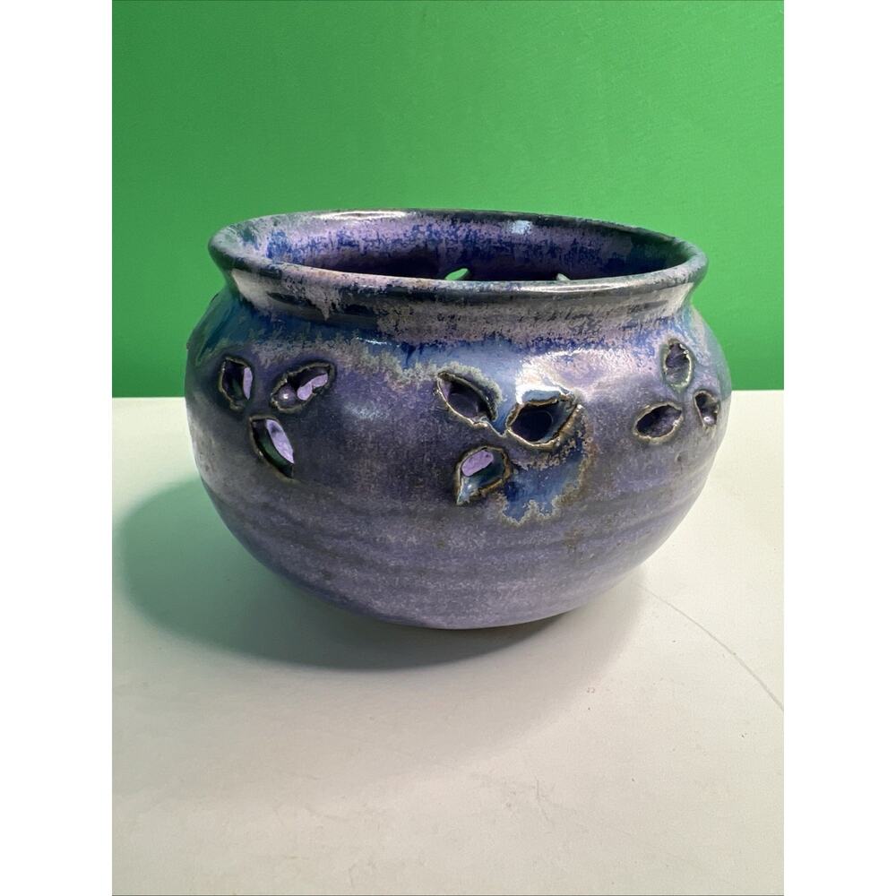 Studio Art Pottery Ceramic Blue And Purple Hues Drip Glazed Vintage Vase